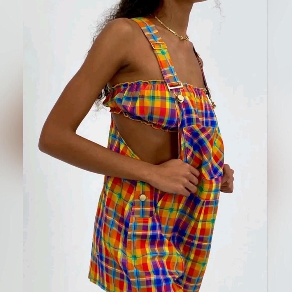 {WeWoreWhat} Brand New Basic Short Overalls in Rainbow Plaid - Picture 3 of 4